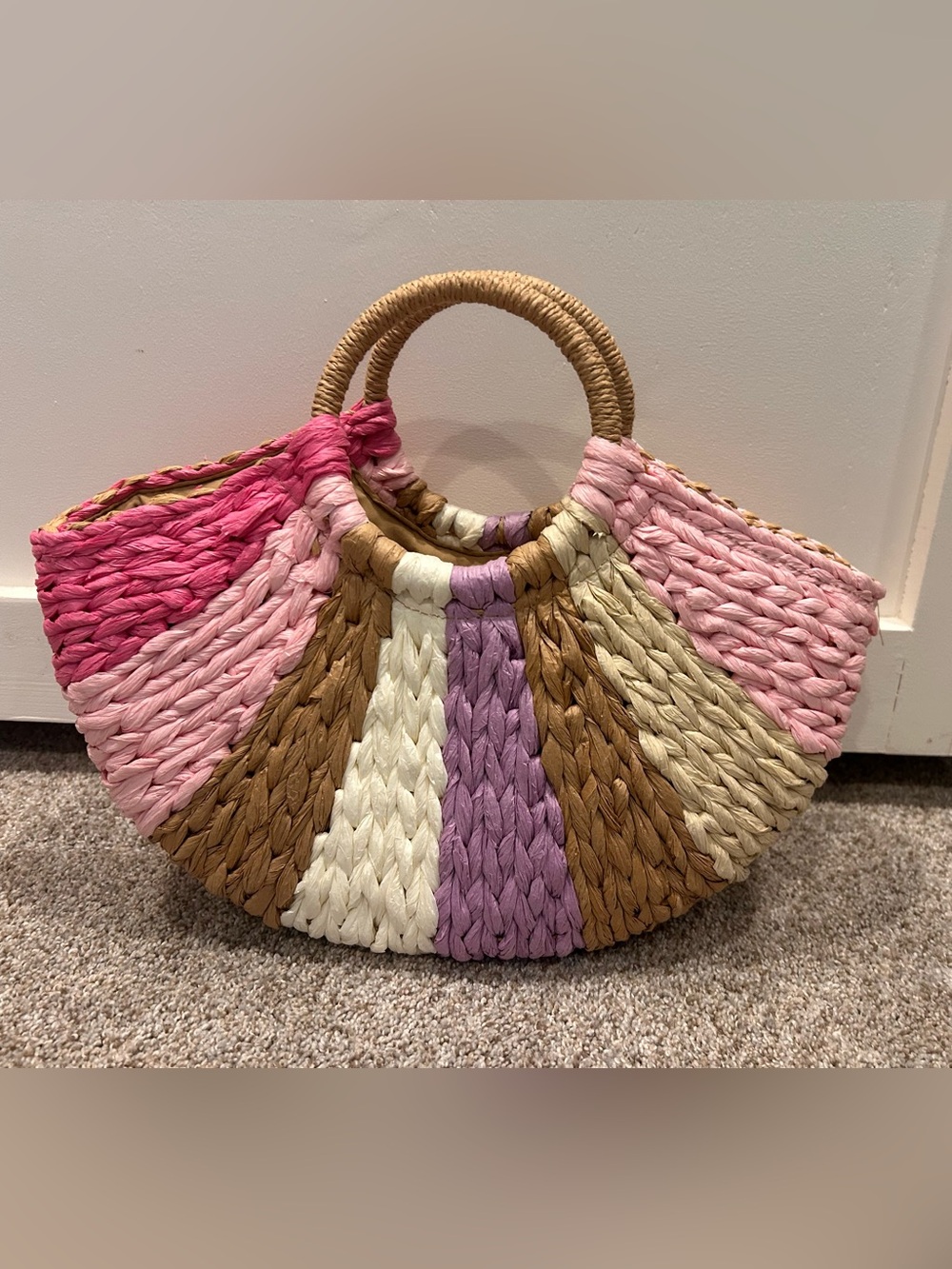 Handwoven Multicolor Straw Tote - Pink, Purple, Cream & Brown
